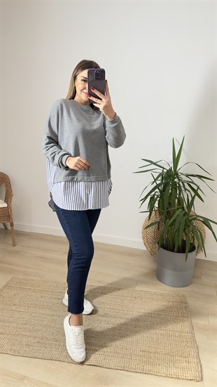 Çizgili Gömlek Detaylı Gri Sweatshirt