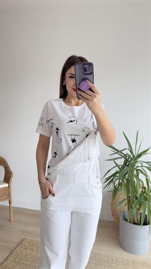 Kedili Beyaz Taşlı Tshirt