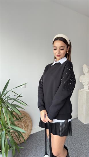 Siyah Kollar Boncuk Detay Sweat