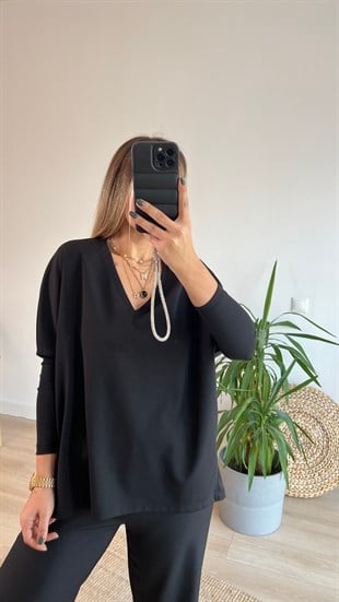 V Yaka Siyah Basic Bluz