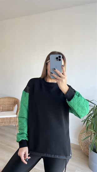  Kolları Yeşil Kapitone Tasarım Sweat 