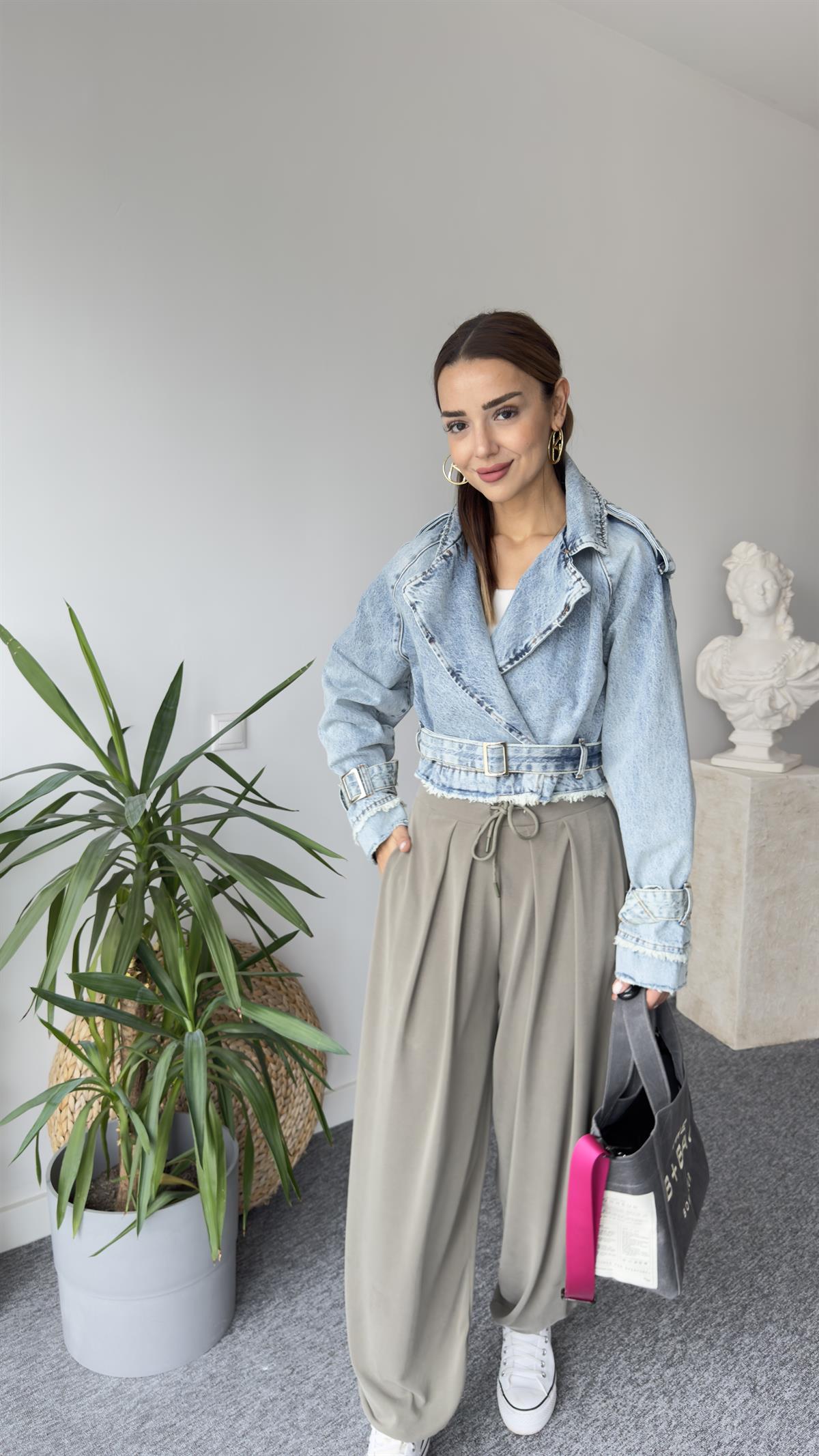 Cream Kemerli Jean Ceket