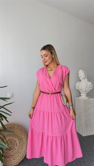 Kruvaze Kemerli Pembe Elbise 