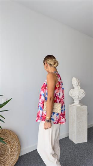 Renkli Çiçek Desen Kolsuz Bluz