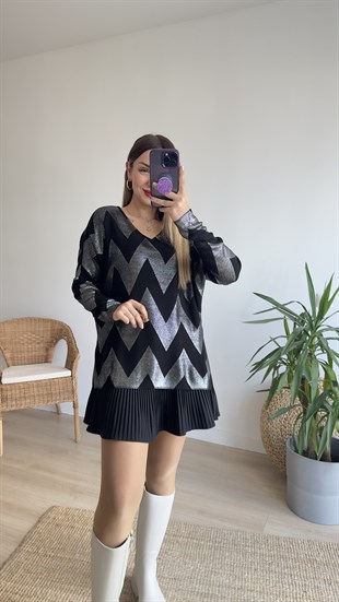 Parlak Yırtmaçlı Salaş Triko Gümüş