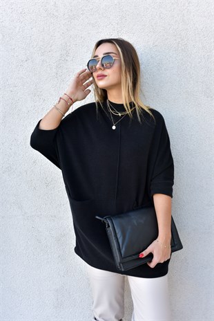 Önden Cepli Oversize Siyah Tunik