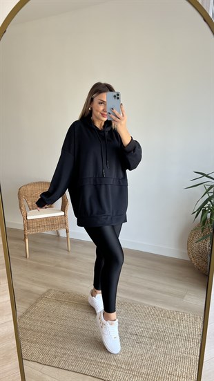 Siyah Oversize Kapüşonlu Sweat