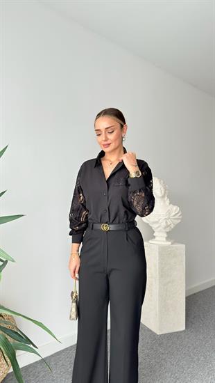 Siyah Frey Dantel Detaylı Gömlek
