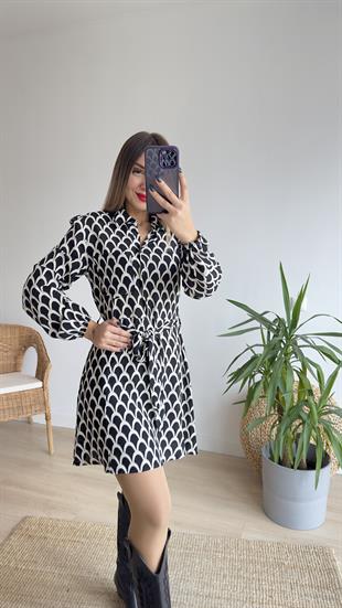 Zra Model Siyah Beyaz Kuşaklı Elbise 