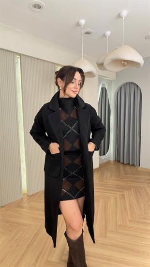 Siyah Liche Kuşaklı Kaşe Kaban