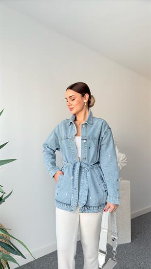 Matin Zımbalı Kuşak Detaylı Jean Ceket