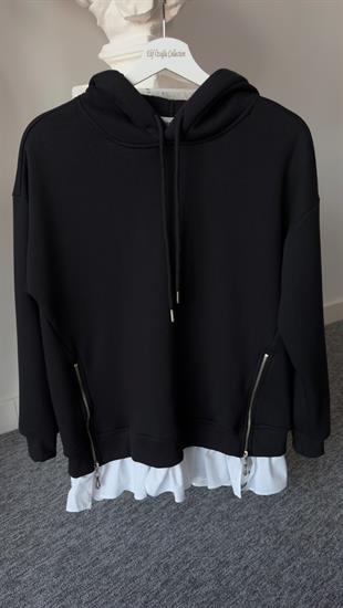 Altı Poplin Detay Yanlar Fermuarlı Siyah Sweat