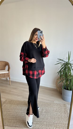 Kırmızı Ekose Detaylı Sweatshirt