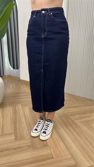 Lacivert Quince Önden Yırtmaçlı Kot Etek