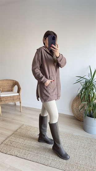 Şardonlu Yanları Yırtmaçlı Kahve Sweatshirt