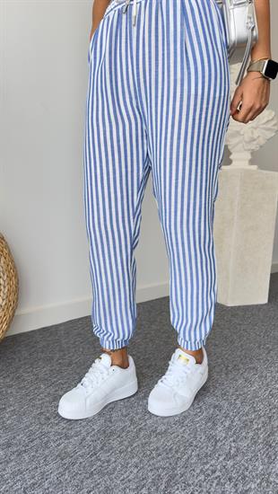 Mavi Çizgili Keten Jogger Pantolon