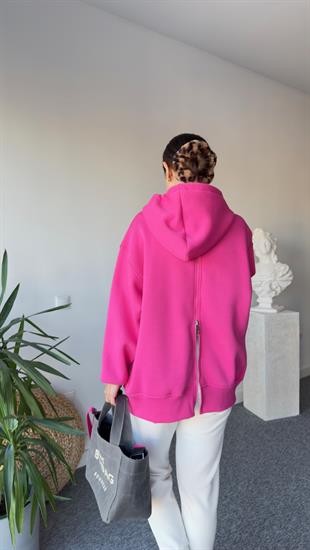 Sırt Fermuarlı Kapüşonlu Pembe Sweatshirt