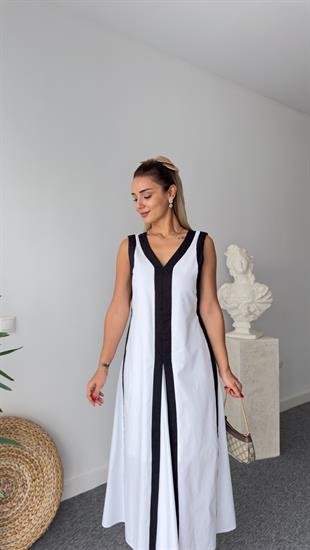 Orj Model Şerit Detaylı Beyaz Poplin Elbise 