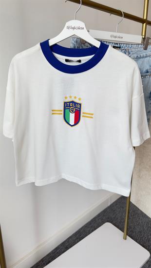 Italıa Baskı Mavi Ribanalı Beyaz Tshirt
