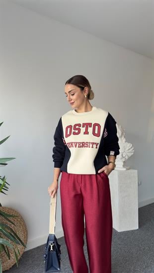 Boston Yazılı Çift Renk Sweatshirt