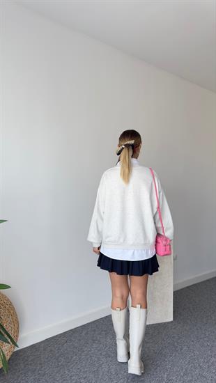 Nika Gömlek Detaylı Renkli Yazılı Gri Sweatshirt