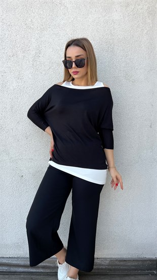 Atlet Detaylı Asimetrik Siyah Bluz