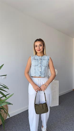 Taş Baskılı Denim Yelek