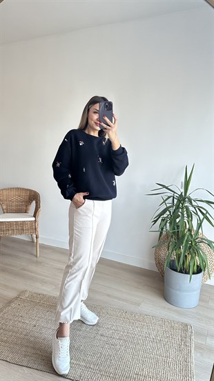 Renkli Taş İşlemeli Lacivert Sweat