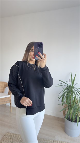 Siyah Kapitoneli Taş Detay Sweat