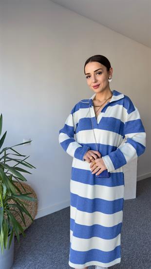 Polo Yaka Mavi Çizgili Triko Elbise