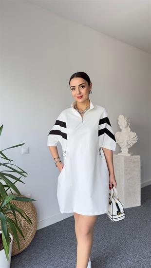 Kollar Şeritli Yarım Fermuar Beyaz Elbise 