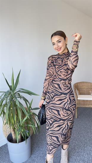 Lıme Zebra Desen Parçalı Uzun Elbise