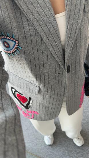 Gri Jovena Nakış Detaylı Tasarım Kaşe Blazer