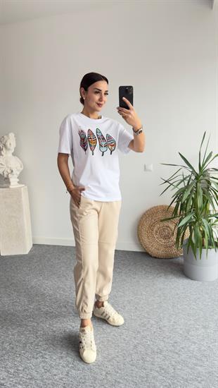 Taşlı Yaprak Baskı Beyaz Tshirt