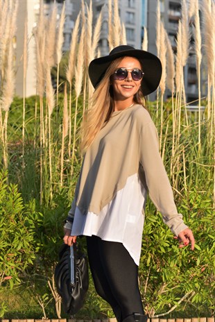 Poplin Detaylı Bej Sweatshirt