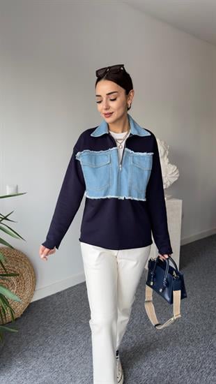 Yarım Fermuar Kotlu Lacivert Sweat