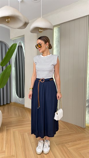 Lacivert Frans Çift Parça Görünümlü Tws Model Elbise 
