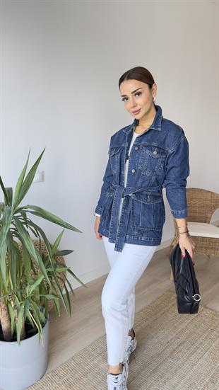 Kuşaklı Lacivert Jean Ceket