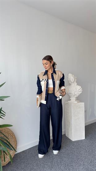 Yün Efekt Lacivert Palazzo Pantolon