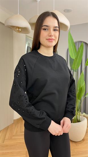 Siyah Kol Brodeli Sweatshirt