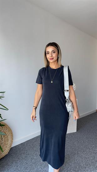 Maren Yıkamalı Antrasit Modal Elbise 