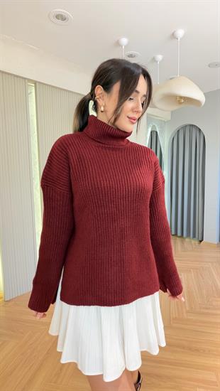 Bordo Lovrink Boğazlı Yırtmaç Detaylı Kazak