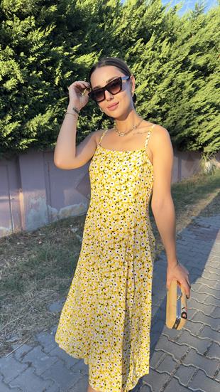 Çiçek Desen Askılı Sarı Elbise 