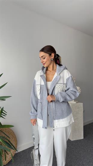 Nickie Marka Model Cepleri Taş Detaylı Gri Ceket