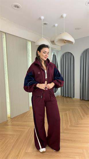 Bordo Balon Kol Triko Garnili Üçlü Takım