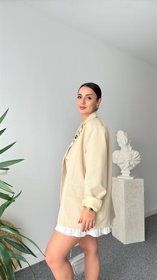 Finzi Yaka Aksesuar Detaylı Çizgili Bej Blazer