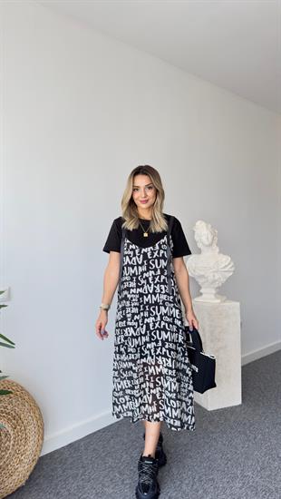 Tws Model Yazı Detaylı İkili Siyah Elbise