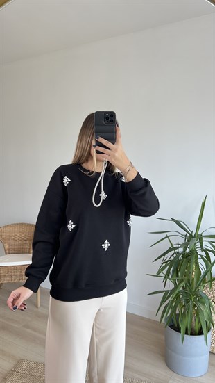 Şardonlu Siyah Taşlı Sweat