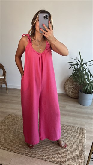 Ayarlanabilir Askılı Pembe Bol Keten Tulum