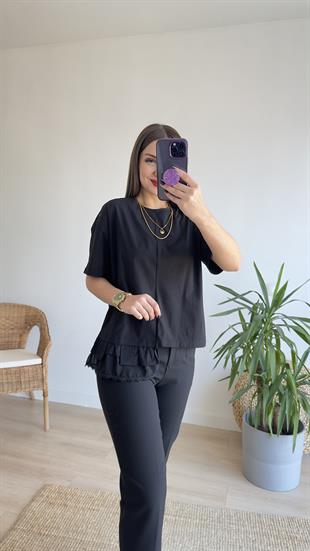 Poplin Detay Siyah Tshirt